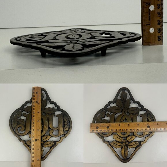 Vintage Avon Trivet Christmas Holiday Joy Holly Brass Copper Cast Iron Dining - Picture 3 of 9